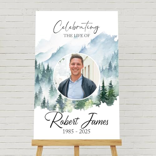 Memorial Funeral Sign, Modern Green Tree Forest Obituary Sign, 12' x 18' Weatherproof PVC, Double-Sided, Customizable - color: Version 7