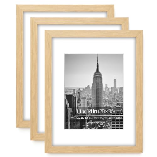 11x14 inch or 8x10 with Mat Picture Frames Tabletop Shelf Display or Wall Mount Vertically or Horizontally, Plexi Glass Acid Free Mat, Natural Oak Wood Grain Profile, Set of 3 Pack - color: Natural Oak, size: 11 x 14 in 3pk