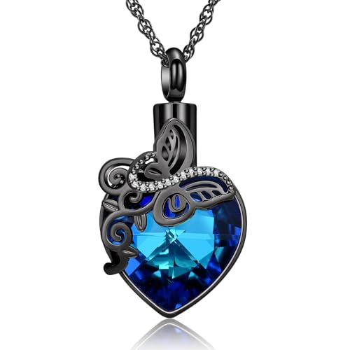 shajwo Butterfly Heart Urn Necklaces Cremation Jewelry for Ashes for Women Men Memorial Human Ashes Pendant - color: 1-Black-Blue