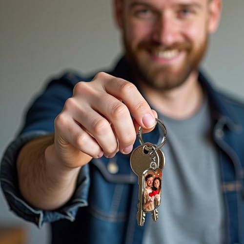 Photo Keychain Custom Picture Keychain Customized Gifts Laser-Engraved/Color Gifts For Boyfriend Hubsand Wife - color: 1 Photo + 1 Text - Gold