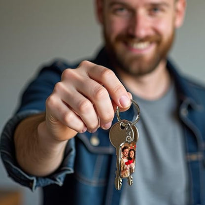Photo Keychain Custom Picture Keychain Customized Gifts Laser-Engraved/Color Gifts For Boyfriend Hubsand Wife - color: 1 Photo + 1 Text - Gold