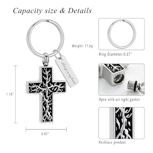 XSMZB Cross Urn Necklace for Ashes for Women Men Tree of Life Cross Cremation Jewelry Keepsake Pendant for Ashes of Loved One - color: Silver Keychain