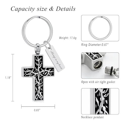 XSMZB Cross Urn Necklace for Ashes for Women Men Tree of Life Cross Cremation Jewelry Keepsake Pendant for Ashes of Loved One - color: Silver Keychain