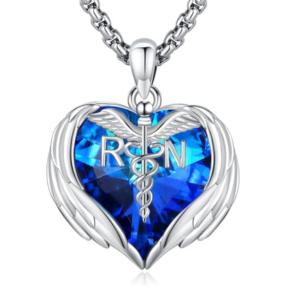 Angel Wings Necklace 925 Sterling Silver Guardian Angel Nurse RN Caduceus Pendant Charm Crystal Angel Jewelry Gifts for Women - style: G-Angel Wings-Nurse-RN-Blue