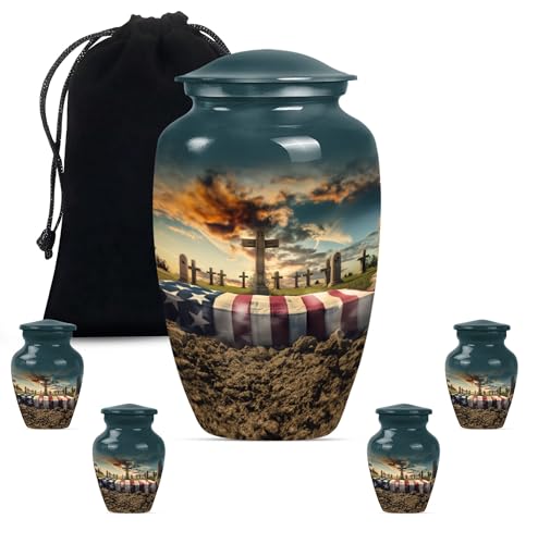 Military Urns for Human Ashes Adult Male - Patriotic Urns - Funeral Memorial Urn for Woman - Burial Urn for Dad, Combo of 1 Large 10inch with Velvet Bag and 4 Small 3inch Keepsake - Decorative Ash - color: Military, size: 10 Inch + 3 Inch - Pack of 5