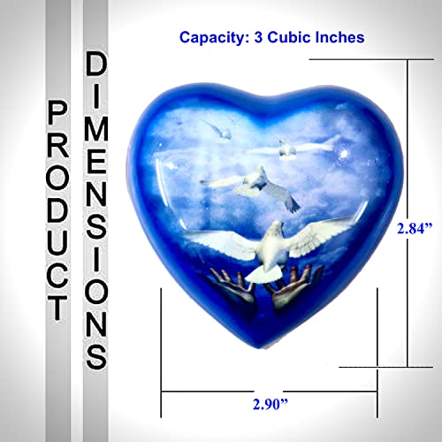 Heart Urn for Sacred Ashes Adult Male Female | Funeral Gift Pack of Dove Painted Small Heart Urn, Display Stand, Velvet Carry Bag, a Paper Funnel with Magnetic Closure Gift Box - color: Blue White-dove-heart