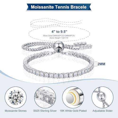 Moissanite Tennis Bracelet 1.79ct-8.69ct Adjustable Bracelet for Women 18K White Gold Plated S925 Sterling Silver Tennis Bracelet D Color VVS1 Round Cut 2/3/4mm Moissanite Bracelet Gifts for Wife/Mom - color: Silver-2MM-1.76Carats