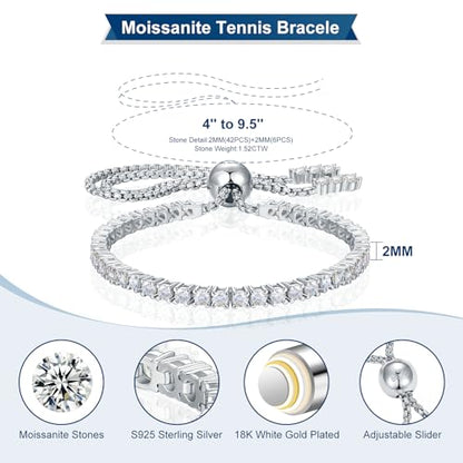 Moissanite Tennis Bracelet 1.79ct-8.69ct Adjustable Bracelet for Women 18K White Gold Plated S925 Sterling Silver Tennis Bracelet D Color VVS1 Round Cut 2/3/4mm Moissanite Bracelet Gifts for Wife/Mom - color: Silver-2MM-1.76Carats