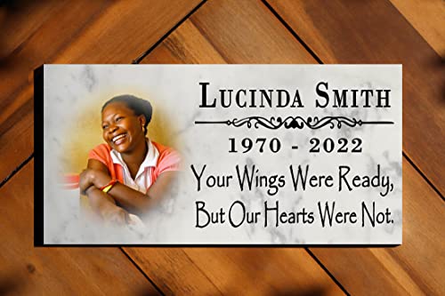 Memorial Stone With Picture - Loved One Loss Gift Custom Photo Marble Memory Plaque 12" x 6" (Your Wings Were Ready) - color: Your Wings Were Ready