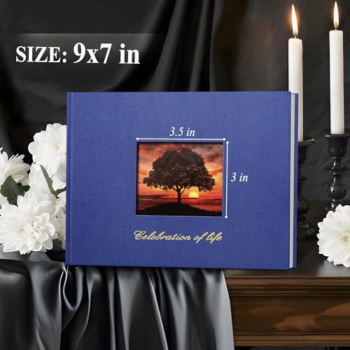 SUNEE Funeral Guest Book for Memorial & Funeral Services – in Loving Memory Funeral Book, Celebration of Life Guest Book with 100 Lined Pages, Table Sign, Ribbon Bookmark and Linen Hardcover, Black - color: Navy Blue