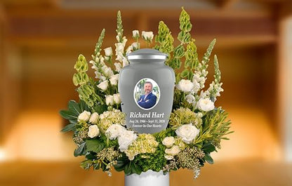 Personalized Photo Cremation Urns for Adult Ashes Male Female - 200lbs Custom Photo Burial Urns for Human Ashes - Engraved Handcrafted Funeral Decorative Urns for Adult with Velvet Bag, Grey