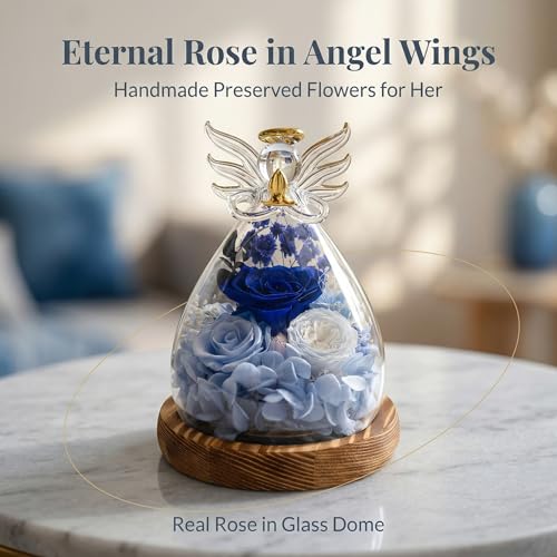 Angel Rose Figurine with LED Lights - Real Preserved Eternal Rose in Glass Dome, Forever Flowers Gift for Women, Birthday Valentine's Wedding - color: Cobalt Velvet Rose