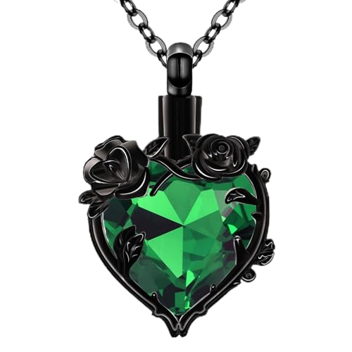 Heart Rose Flower Black Urn Necklaces for Ashes Cremation Jewelry for Women Human Ash Memorial Keepsake Pendant - color: Green