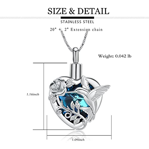 Yinplsmemory Hummingbird Cremation Jewelry Crystal Heart Urn Ashes Necklace for Women Men Memorial Keepsake Necklace of Loved One - color: Blue-Silver
