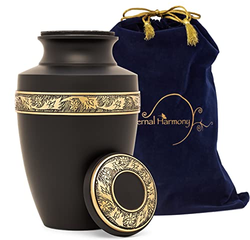 Eternal Harmony Large Urn for Ashes, Adult Male & Female Cremation Urn for Human Ashes with Elegant Finishes, Secure Seal & Velvet Bag, Funeral Urn for Women & Men Up to 200 lbs, 7”x11” (Black)