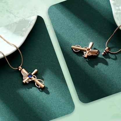 Butterfly Cross Cremation Jewelry Urn Necklaces Cross Butterfly Urn Necklaces for Ashes Memorial Keepsake Pendant for Women Men Gifts With Funnel Kit & Bag - color: Rose+Blue