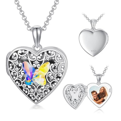 Dorunmo Personalized Locket Necklace 925 Sterling Silver that Holds Pictures Butterfly Birthstone Photo Heart Locket Custom Jewelry Congratulations New Beginnings New Job Gifts for Women - color: Butterfly Colorful, style: Personalized Photo + Text