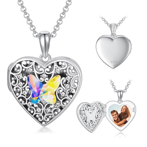 Dorunmo Personalized Locket Necklace 925 Sterling Silver that Holds Pictures Butterfly Birthstone Photo Heart Locket Custom Jewelry Congratulations New Beginnings New Job Gifts for Women - color: Butterfly Colorful, style: Personalized Photo + Text