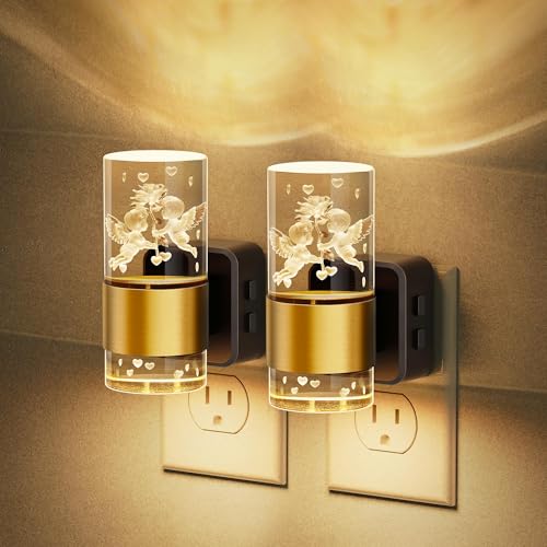 JandCase Night Lights Plug into Wall, Angel Night Light | 2 Pack 3000K+RGB 10-Color LED Nightlight with Dusk to Dawn Sensor, 10/50/100LM Adjustable Brightness for Birthday Home Decor - color: Gold-Angel, size: 2 Pack