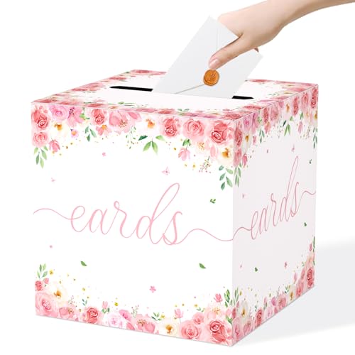 QISOLIY Pink Floral Card Box for Party, White Gift Card Holder & Money Box with Watercolor Flowers for Wedding, Bridal Shower, Baby Shower, Birthday, Graduation Decorations - color: Pink Flower