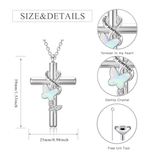 Cross Urn Necklace for Ashes 925 Sterling Silver Cremation Jewelry with Funnel Filler Kit Ashes Necklace for Human Women Girl Pets - color: A_Opal Butterfly Urn Necklace, style: Personalized