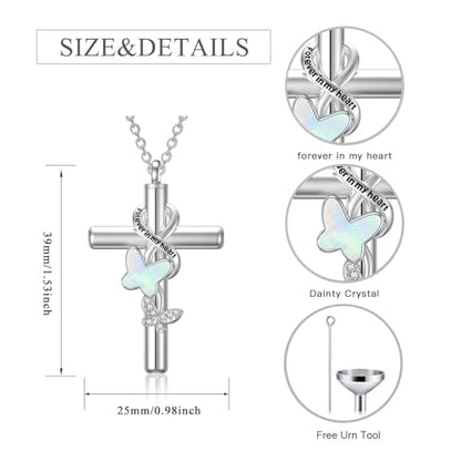 Cross Urn Necklace for Ashes 925 Sterling Silver Cremation Jewelry with Funnel Filler Kit Ashes Necklace for Human Women Girl Pets - color: A_Opal Butterfly Urn Necklace, style: Personalized