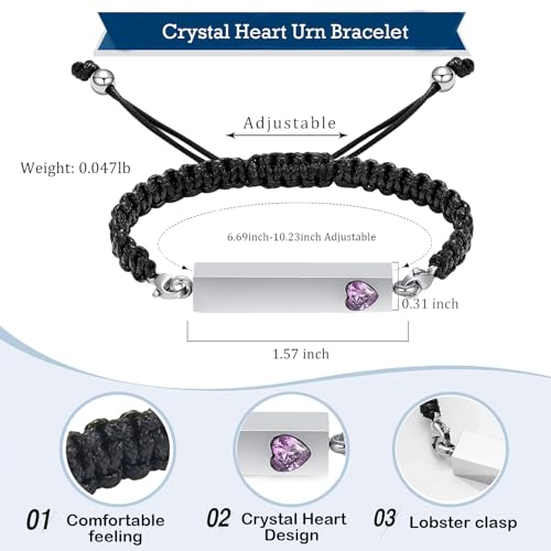 Hearbeingt Crystal Heart Cremation Jewelry Bar Urn Bracelet for Ashes - color: Silver-Purple
