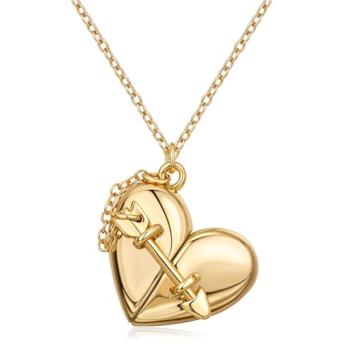 Gold Locket Necklace for Women Vintage, Heart Star Moon Butterfly Angel Holds Picture Photo Oval Locket Pendant Memorial Necklace Personalized Celestial Jewelry Birthday Gifts - style: Arrow & Heart