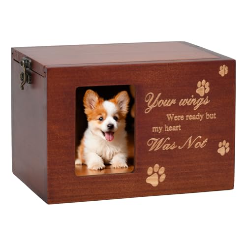 Pet Memorial Urns for Dog or Cat Ashes, Large Wooden Funeral Cremation Urns with Photo Frame, Keepsake Memory Box with Flannel Lining (Brown)