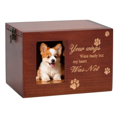Pet Memorial Urns for Dog or Cat Ashes, Large Wooden Funeral Cremation Urns with Photo Frame, Keepsake Memory Box with Flannel Lining (Brown)