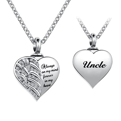 Guardian Angel Wings Cremation Jewelry for Ashes Heart Crystal Urn Necklaces for Ashes Memorial Keepsake Necklace Always on Mind Forever in My Heart - style: Uncle