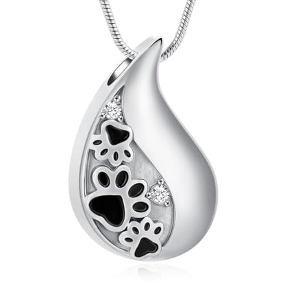 zeqingjw ﻿Pet Paw Print Teardrop Cremation Jewelry Stainless Steel Urn Necklace for Ashes for Dog/Cat Ashes Keepsake Gift for Pet Lovers - color: Silver