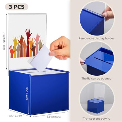 Bucherry 3 Pcs Acrylic Donation Box with Slot, 6 x 5 x 5 Inches Blue Ballot Suggestion Raffle Ticket Box with Sign for Fundraising, Raffle, Collecting, Donating, Voting - color: Blue