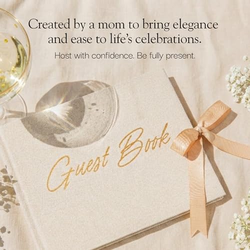 Wedding Guest Book with Keepsake Pocket & Satin Bow Closure Linen Hardcover - color: Champagne