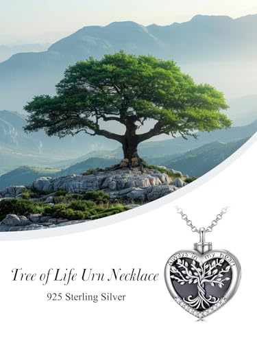TOUPOP Tree of Life Urn Necklaces for Ashes 925 Sterling Silver Heart Cremation Jewelry Memorial Keepsake Jewelry with Funnel Filler for Women Men - color: A-Heart Tree of Life-Black Onyx