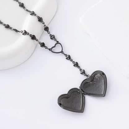 Personalized Heart Locket Necklace for Women Stainless Steel- Heart Necklace - color: Black-D