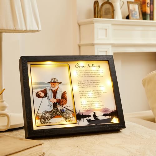 WOODEXPE Sympathy Gift LED Memorial Shadow Box 10"x8" Gone Fishing Memorial Picture Frame Plaque, Remembrance Funeral Condolences Bereavement Grief Gifts for Loss of Loved One