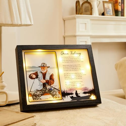 WOODEXPE Sympathy Gift LED Memorial Shadow Box 10"x8" Gone Fishing Memorial Picture Frame Plaque, Remembrance Funeral Condolences Bereavement Grief Gifts for Loss of Loved One