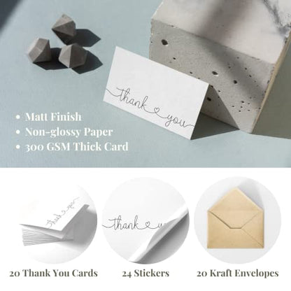 Thank You Cards with Kraft Envelopes and Stickers, Bulk Pack of 20, 4x6 Inch Professional Looking - Suitable for Business, Baby Shower, Wedding, Small Business, Graduation, Bridal Shower, Funeral - color: Thank You (Heart)