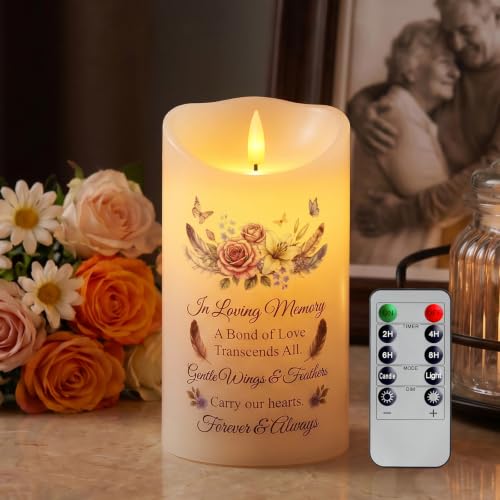 Homemory 4x7 Flameless Memorial Candle Sympathy Gifts for Loss of Loved One | Real Wax LED Candle with Remote Timer, 3D Flickering Flame and Long Battery Life for Honoring Loved Ones at Chapel or Funeral - color: Always in Our Hearts