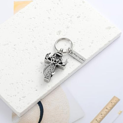 XSMZB Cross Cremation Jewelry Urn Necklace for Human Ashes Fish Hook Memorial Urn Pendant Deer Antler Cross Ashes Holder Keepsake Jewelry - color: Silver-Black Always
