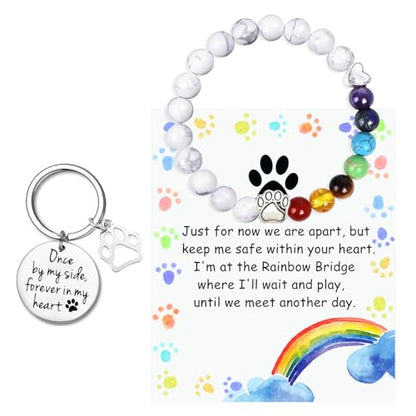 Pet Memorial Gifts Rainbow Bridge Bracelet for Loss of Dog Cat Pet Memorial Bracelet with Rainbow Bridge Poem Card Cat Dog Paw Charm Bracelet Pet Sympathy Gift for Women Men Pet Lovers