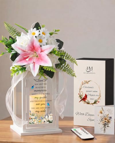 Memorial Lantern with Flower, Sympathy Gift for Loss of Son, Funeral Bereavement Gift in Memory of Son - color: Son/White