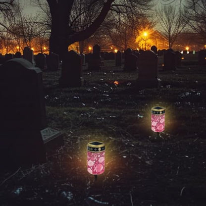 Poceacles Solar Lights Outdoor Solar Powered Outdoor Cemetery Stake Candle Grave Lamp Landscape Lighting Waterproof Grave Flameless Candle, Pink Ribbon Rose Butterfly - color: Pink Ribbon Rose Butterfly