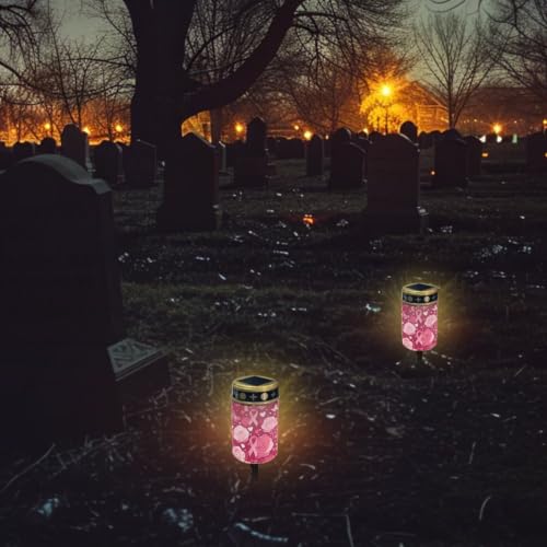 Poceacles Solar Lights Outdoor Solar Powered Outdoor Cemetery Stake Candle Grave Lamp Landscape Lighting Waterproof Grave Flameless Candle, Pink Ribbon Rose Butterfly - color: Pink Ribbon Rose Butterfly