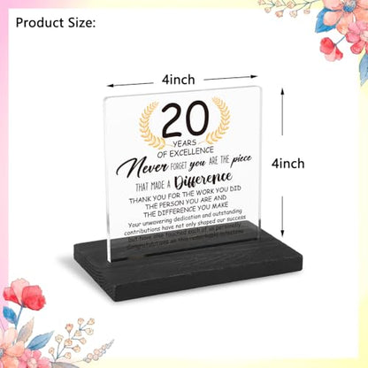 20 Years Work Anniversary Desk Decor Gifts for Employee, 20th Grade Promotion Gifts for Coworker,Modern Transparent Acrylic Desk Plaque with Inspirational Quotes, 10 x 10 x 1.5 cm,XXY110 - style: 20 Years Work Anniversary