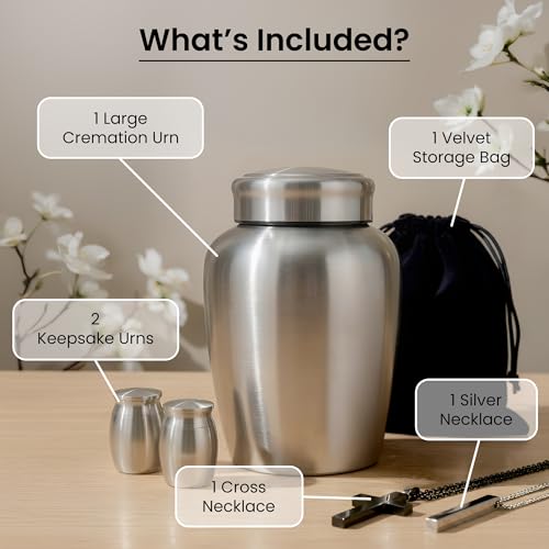 Stainless Steel Silver Urn for Ashes Adult Male & Female, Cremation urns for Human Ashes Man & Women, Set of 5 Includes 1 Large Urn, 2 Keepsakes & 1 Silver & Black Cross Necklace - color: Stainless Steel Urn - Companion Set