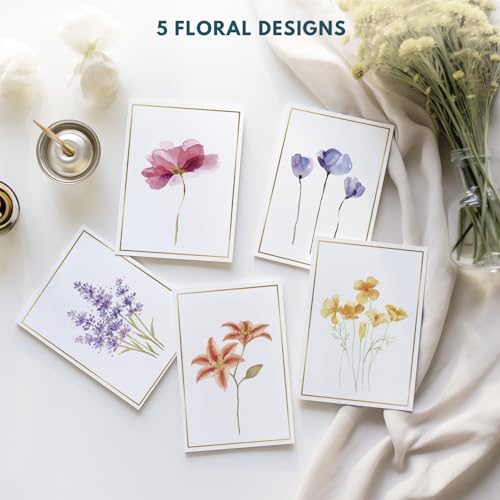 Blank Cards, 30 Blank Greet Cards, Gold Foil Blank Note with Envelopes | Perfect Stationary Set For All Occasions, 5 Assorted Floral Designs