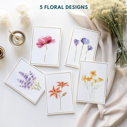 Blank Cards, 30 Blank Greet Cards, Gold Foil Blank Note with Envelopes | Perfect Stationary Set For All Occasions, 5 Assorted Floral Designs