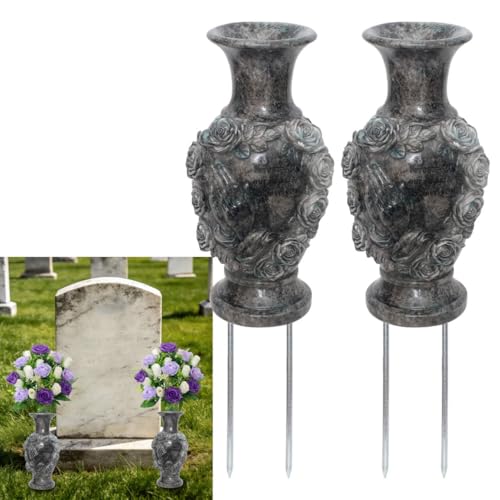 Grave Vase with Spike Cemetery Vase Resin Cemetery Flowers Holder Praying Hands Grave Flowers Holder for Cemetery Headstone (2,Grey)
